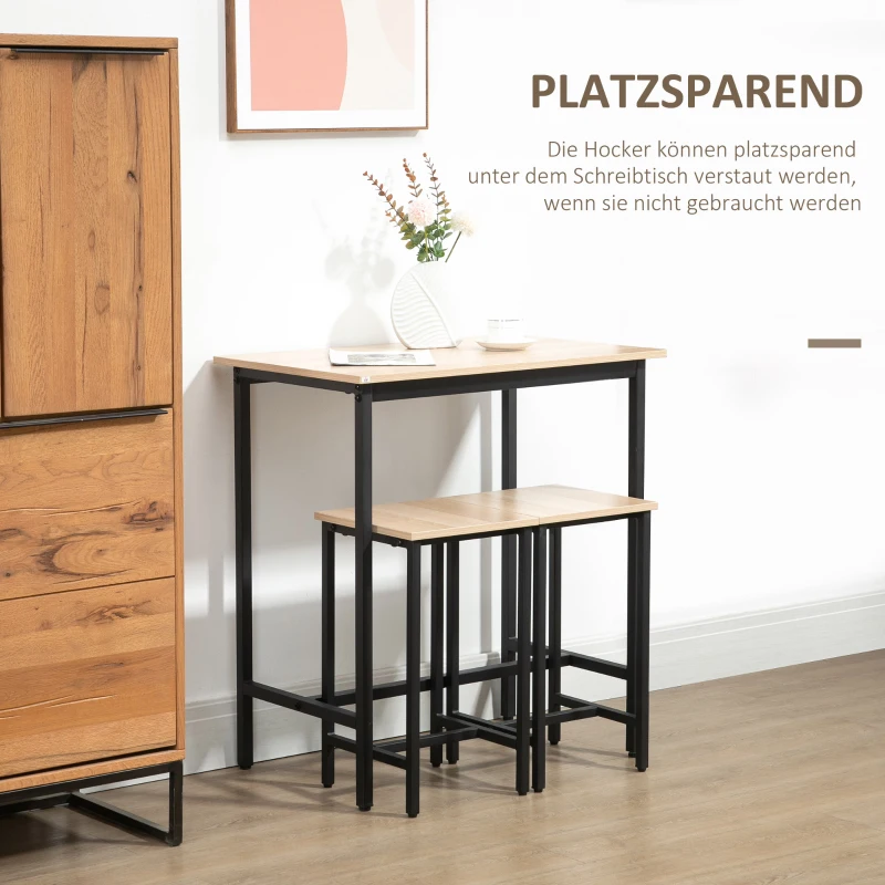 HOMCOM Bartisch-Set im Industrie-Design, 3-teilig, 1 Tisch, 2 Hocker, Schwarz + Natur