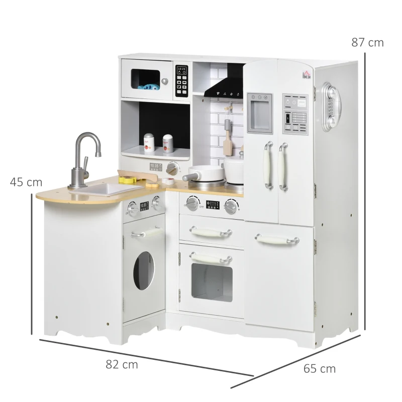 HOMCOM Cocina de Juguete de Madera para Niños de +3 Años con Sonidos 14 Accesorios Cocinita Infantil con Teléfono Fregadero Extraíble Microondas y Grifo 82x65x87 cm Blanco(m-3)