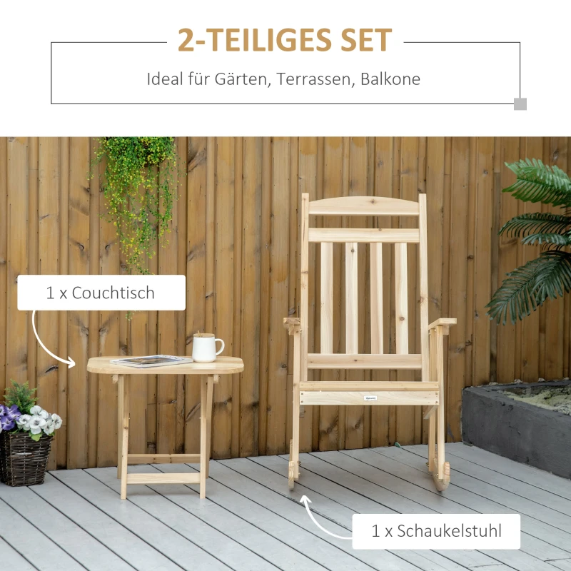 Outsunny Schaukelstuhl Holz mit Beistelltisch 2 tlg. Schaukelsessel Set Gartenstuhl mit Armlehnen hoher Rückenlehne outdoor Natur