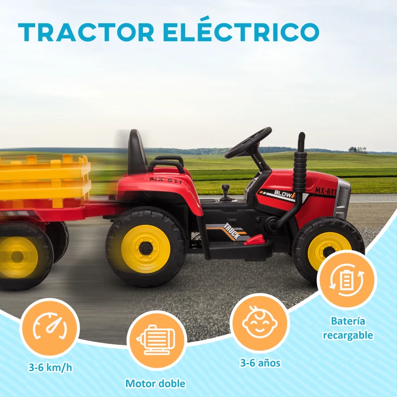 HOMCOM Tractor Eléctrico con Remolque para Niños 3-6 Años con Control Remoto y Cinturón de Seguridad 136,5x50x52,5 cm Rojo