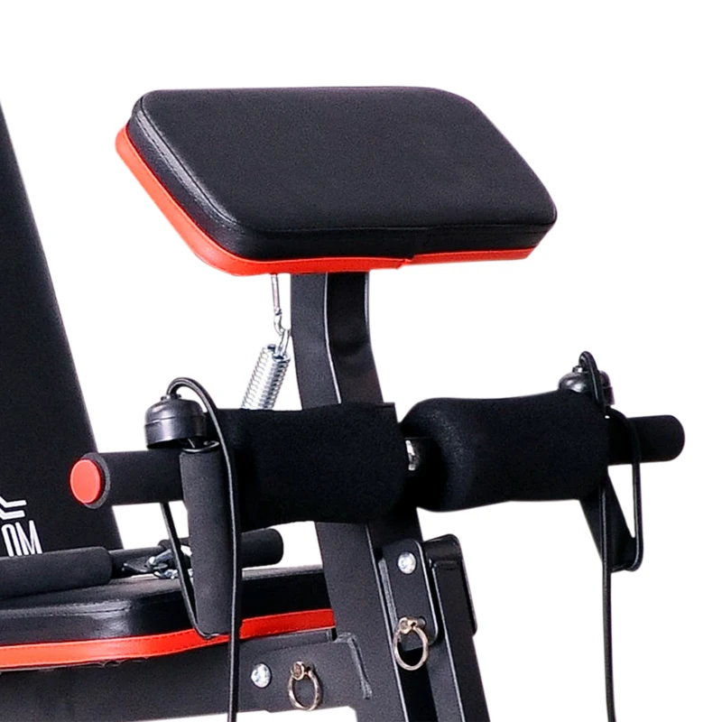 HOMCOM Banc de musculation pliable inclinable réglable sangles élastiques support haltères inclus acier noir rouge + Ensemble d'haltères Courtes Total 20 Kg acier HDPE noir