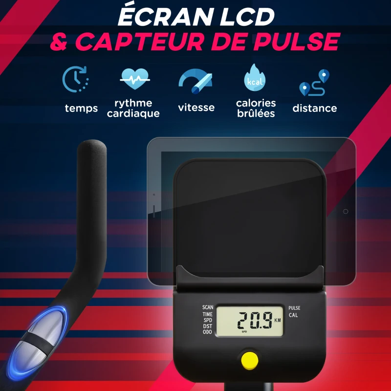 HOMCOM Vélo d'appartement ergomètre vélo de biking résistance magnétique selle réglable 2 roulettes de déplacement écran LCD acier rouge noir