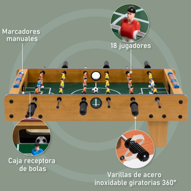 HOMCOM Futbolín de Mesa de Madera con 6 Varillas 2 Marcadores de Puntos y 18 Jugadores para +6 Años 69x36,5x22cm Natural