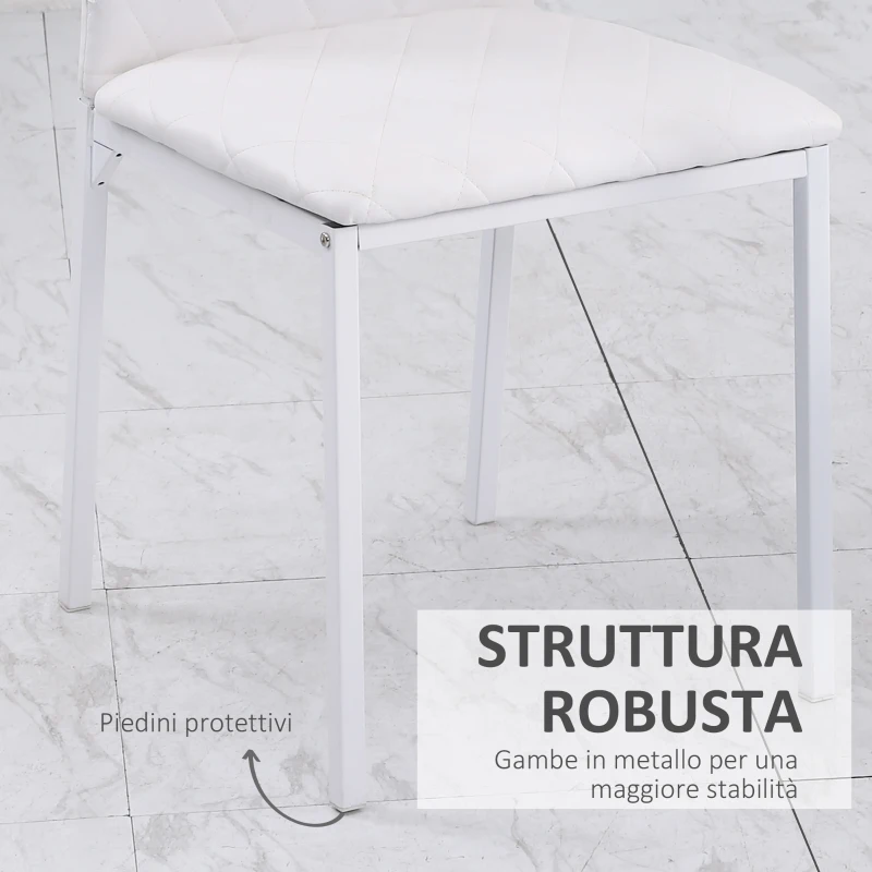 HOMCOM Set 4 Sedie Imbottite per Sala da Pranzo con Rivestimento in Similpelle, 41x50x91cm - Bianco