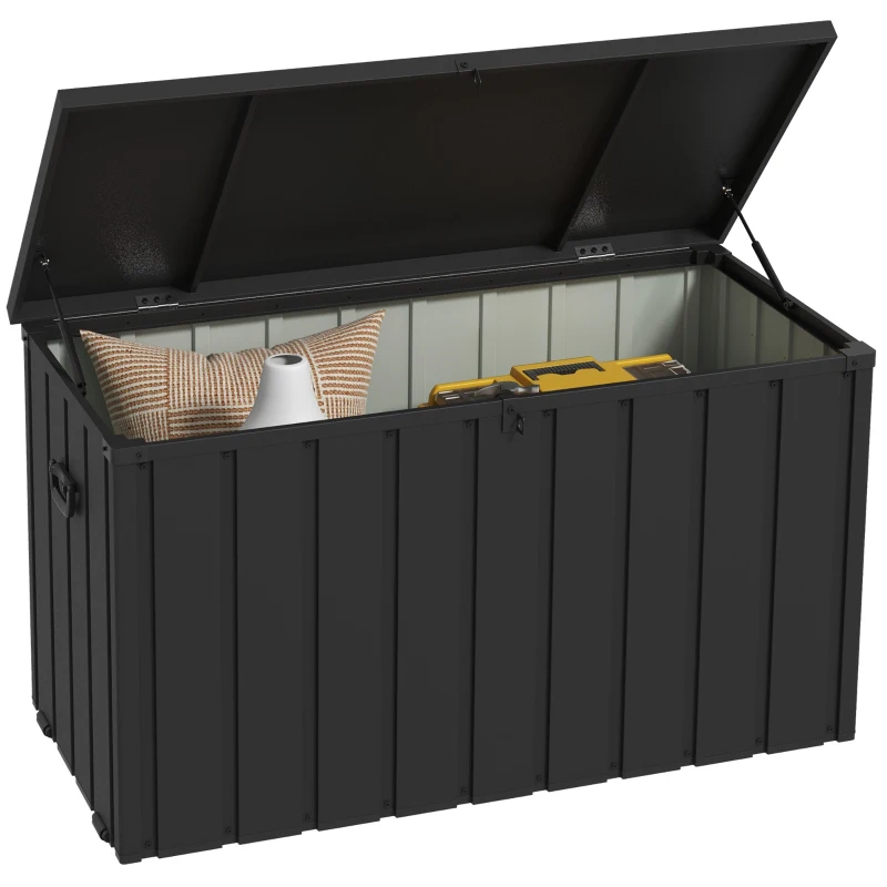 Outsunny Coffre de rangement pour jardin 450L en métal avec vérin à gaz, roulettes et poignée - dim. 125,5L x 61,5l x 70H cm