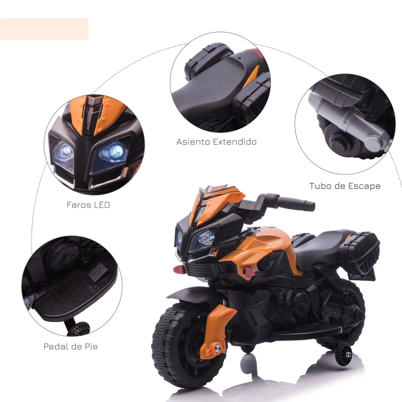 HOMCOM Moto Eléctrica para Niños de 18-48 Meses 6V con Faros Bocina 2 Ruedas de Equilibrio 88,5x42,5x49 cm Naranja
