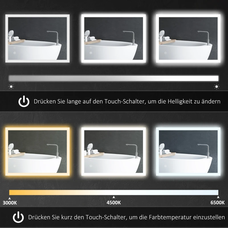 kleankin LED Badezimmerspiegel, Hintergrundbeleuchtung, Touch-Funktion, Memory-Funktion, kein Beschlagen, 80 x 60 cm