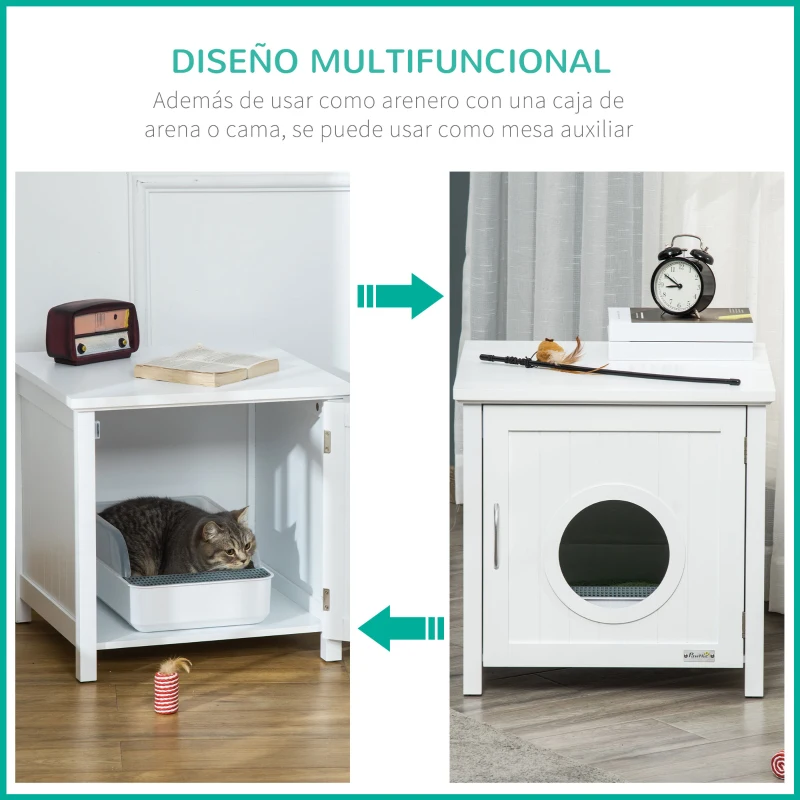 PawHut Casa para Gatos de Madera Mueble Arenero para Gatos 2 en 1 con Armario de Almacenaje Encimera Amplio Puerta con Orificio de Entrada 51,5x48,2x51 cm Blanco