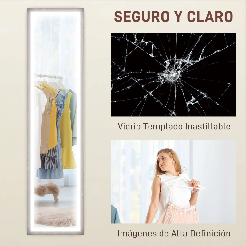 HOMCOM Espejo de Cuerpo Entero con Luz LED 160x40 cm con Iluminación de 3 Colores Táctil Inteligente Función de Memoria Gris