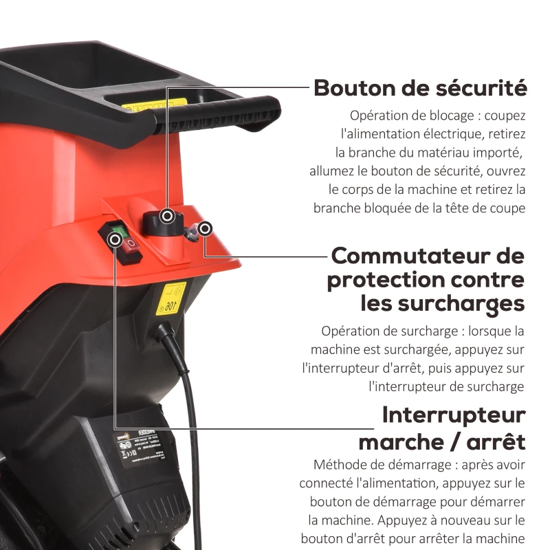 Outsunny Broyeur de végétaux - broyeur de Branches 2500 W - Sac récupération 50 L - roulettes & Poussoir - PP Rouge Noir