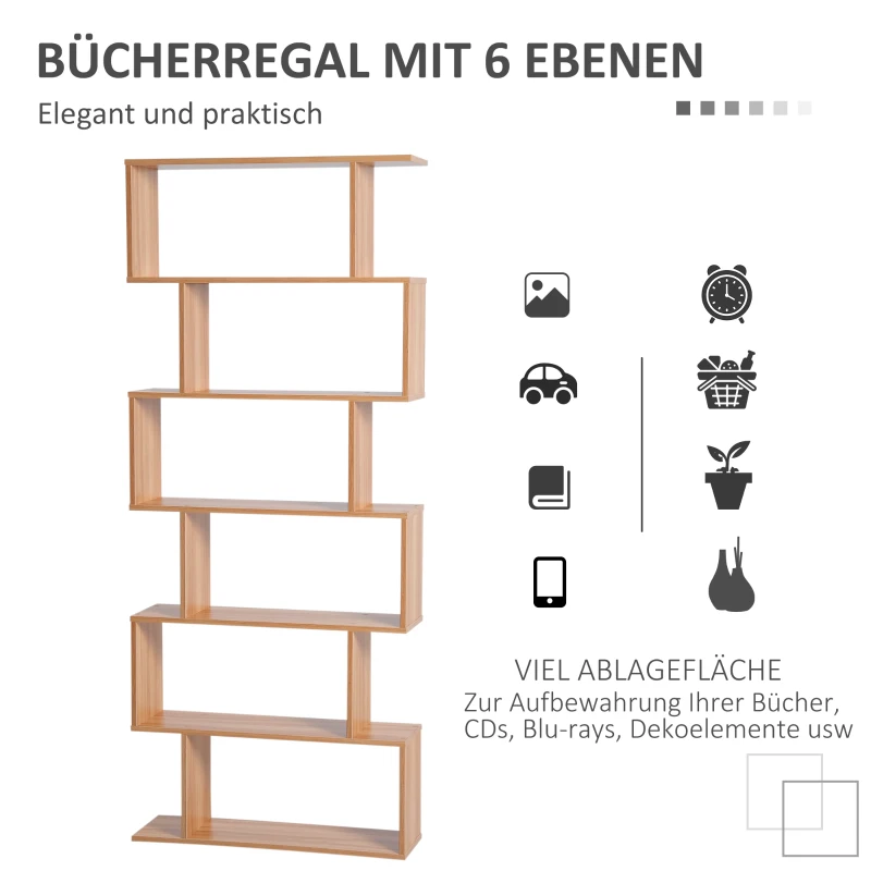 HOMCOM Bücherregal Wandregal Raumteiler mit 6 Fächern Standregal Aktenregal Ahorn L80 x B23 x H192 cm