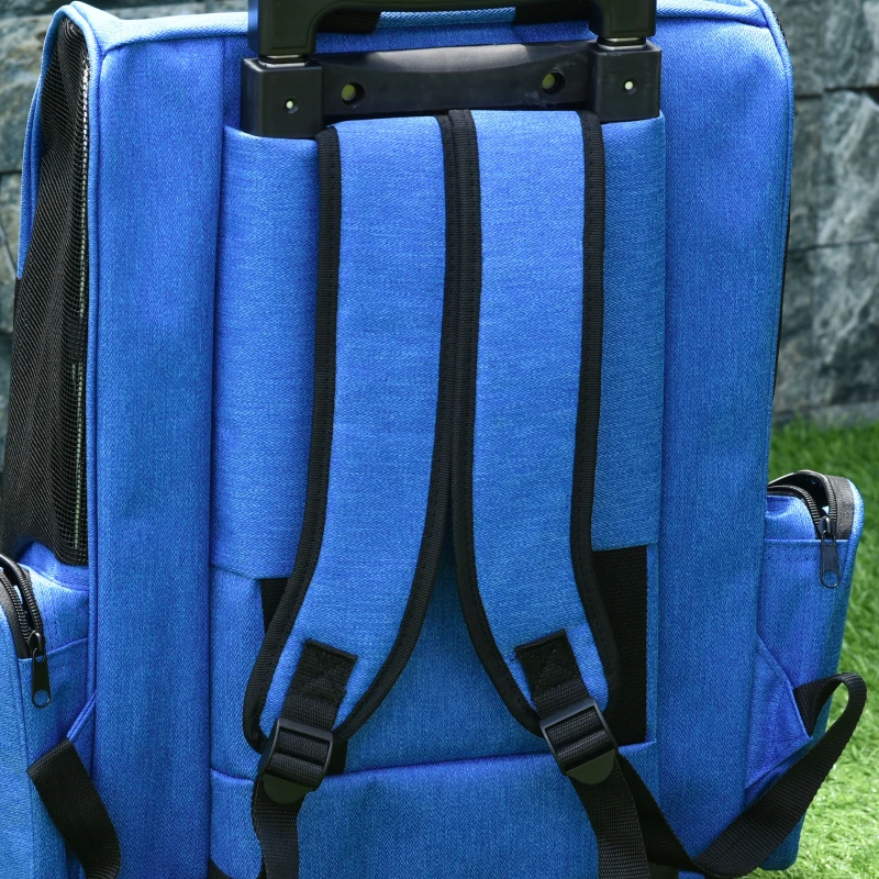 PawHut Transportín Carrito para Mascotas 2 en 1 Mochila de Viaje con 2 Ruedas para Perros Gatos con Asa Retráctil de Aluminio y Bolsillos de Almacenaje 42x25x55 cm Azul