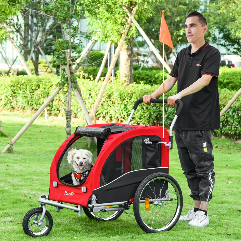 PawHut Remorque à vélo et poussette pour animaux de compagnie conception 2 en 1 pliable en tissu Oxford 4 réflecteurs drapeau inclus 162 x 74 x 85 cm rouge et noir