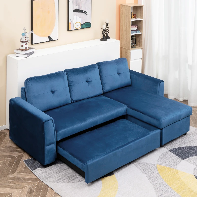 HOMCOM Divano Letto Angolare 3 Posti Effetto Velluto e Chaise Longue con Contenitore, 232x141x85cm, Blu