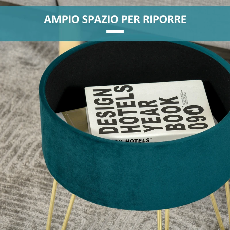 HOMCOM Pouf Contenitore 2 in 1 con Funzione Sgabello e Tavolino, in Legno e Tessuto Verde, Metallo con Finitura Oro, 36x36x45cm
