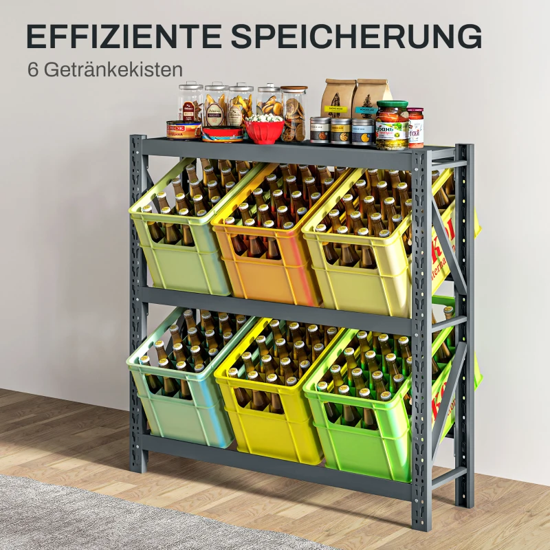 HOMCOM Getränkekistenregal, bis 6 Kisten, höhenverstellbar, Stahlrahmen, 110x30x110 cm, Grau