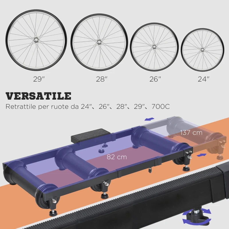 HOMCOM Rullo per Bicicletta Portatile Allenamento Fitness da Casa, Supporto Bici da Terra con Lunghezza Regolabile 49x16x82-137cm