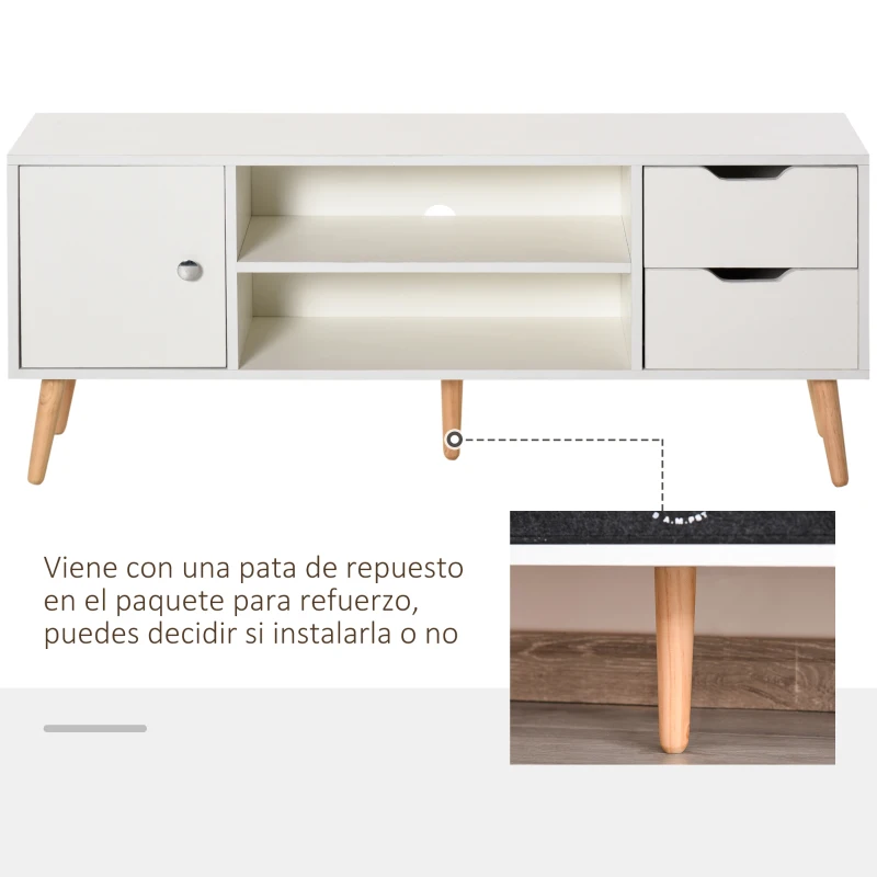 HOMCOM Mueble de TV para Televisiones de 50" Mesa de Salón con Puerta 2 Estantes Abiertos y 2 Cajones 120x28x44 cm Blanco