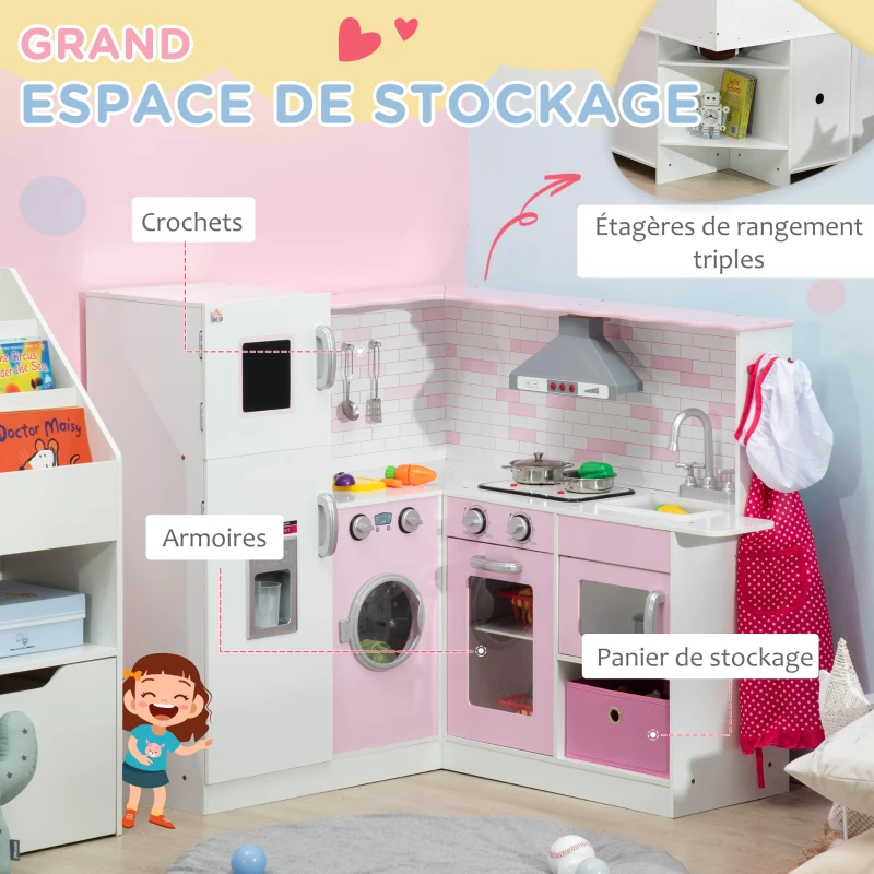 HOMCOM Cuisine d'angle pour enfants avec accessoires, sons et lumières - en MDF - rose et blanche
