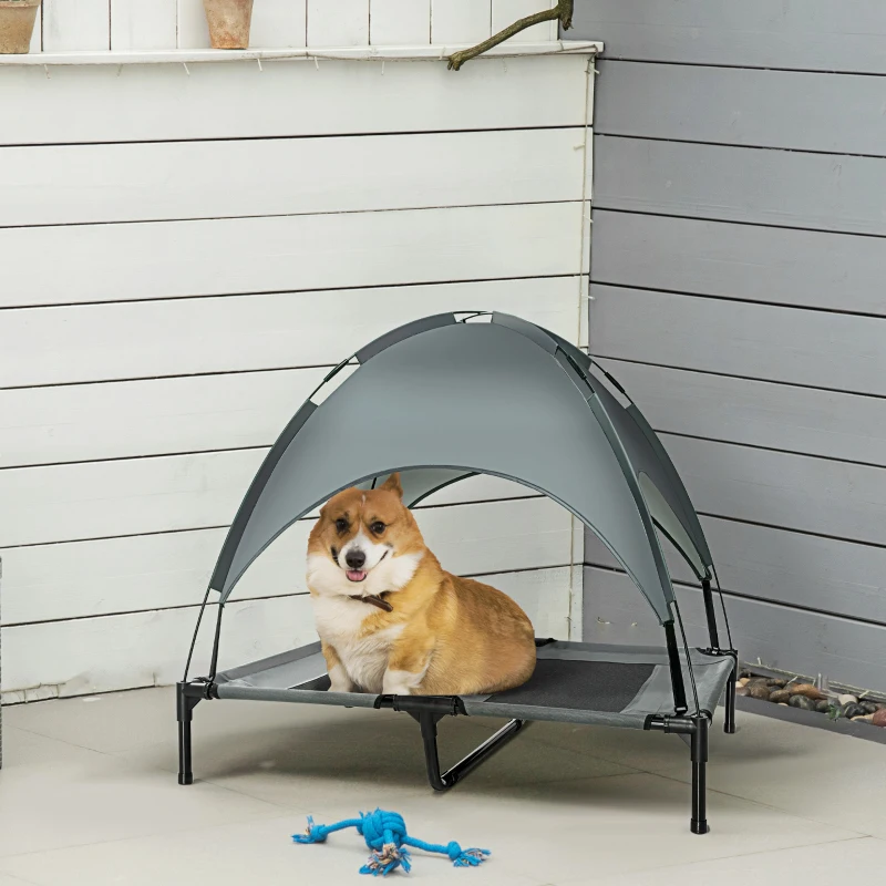 PawHut Raised Dog Bed Waterproof Elevated Pet Cot with Breathable Mesh UV Protection Canopy Grey, for Large Dogs, 92 x 76 x 90cm