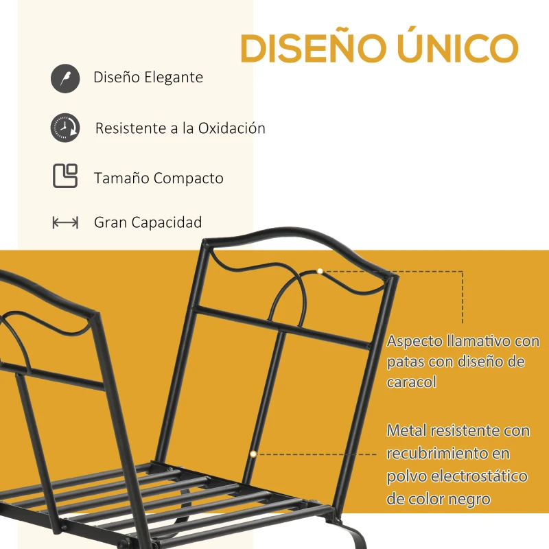 Outsunny Estante para Leña Metálico 47x30x38 cm Leñero Exterior e Interior Vintage Soporte para Leña con Rejilla y Base Elevada Carga Máx. 40 kg Negro