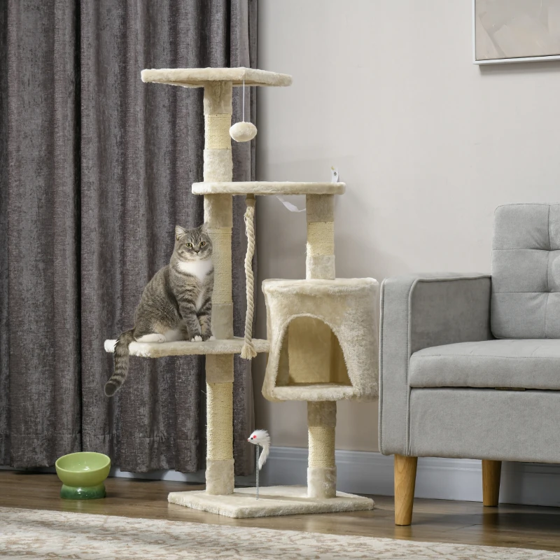 PawHut Albero Tiragraffi per Gatti con Cassetta, Pallina, Corda per Gioco e Relax, 40x40x116 cm, Beige