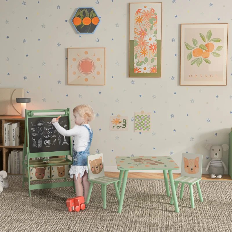 ZONEKIZ Kids Table and Chair Set and Kids Easel with Paper Roll, Storage Baskets, Kids Activity Furniture Set, Green