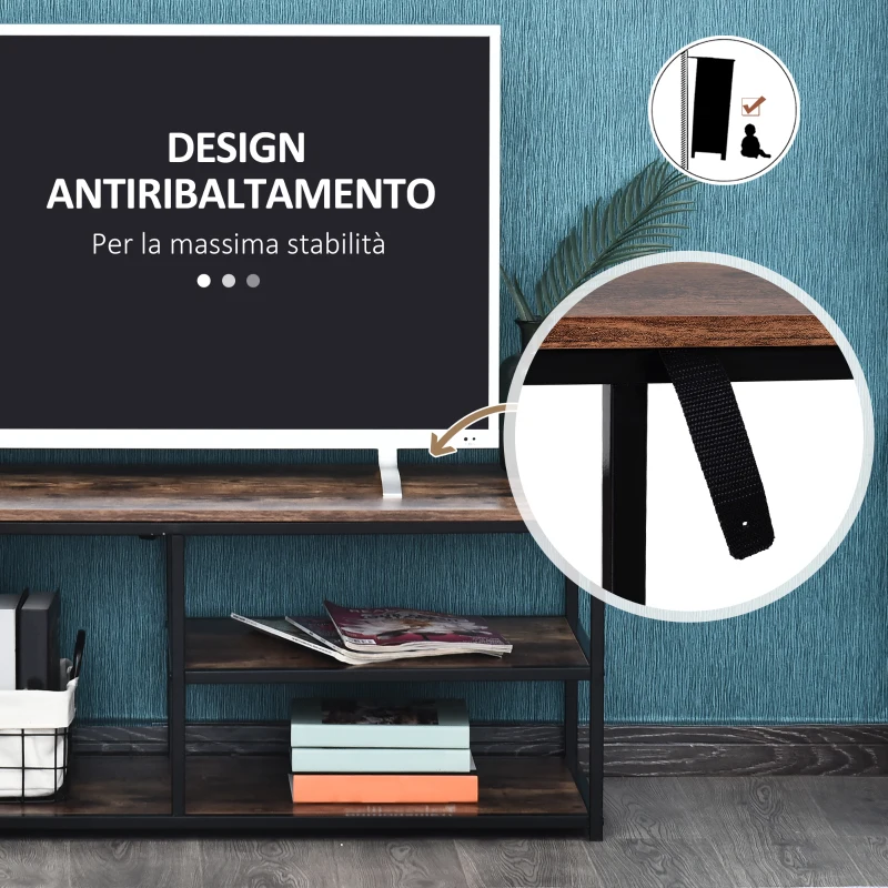 HOMCOM Mobile TV Moderno in Stile Industriale a 3 Ripiani, Legno e Metallo, Marrone e Nero, 120x40x45