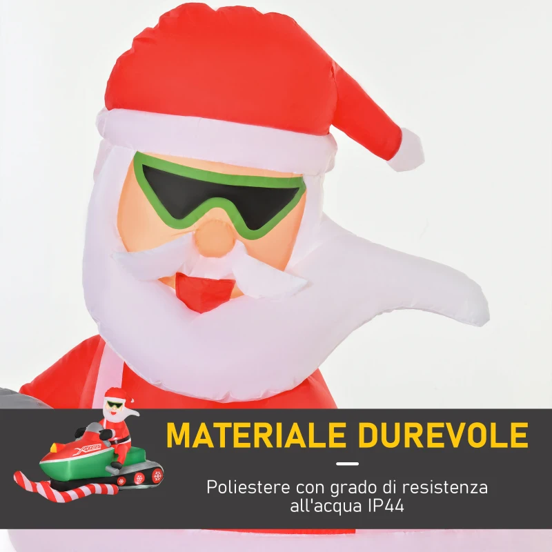 HOMCOM Babbo Natale Gonfiabile su Motoslitta 160cm con Luci LED Integrate, Decorazione Natalizia da Esterno, Verde e Rosso