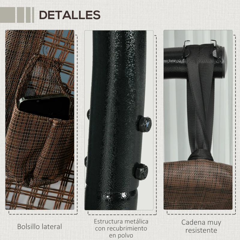 Outsunny Sillón Colgante con Efecto Imitación Ratán Soporte de Acero Cesta Plegable Bolsa de Taza y Cojines Carga 120 kg Café