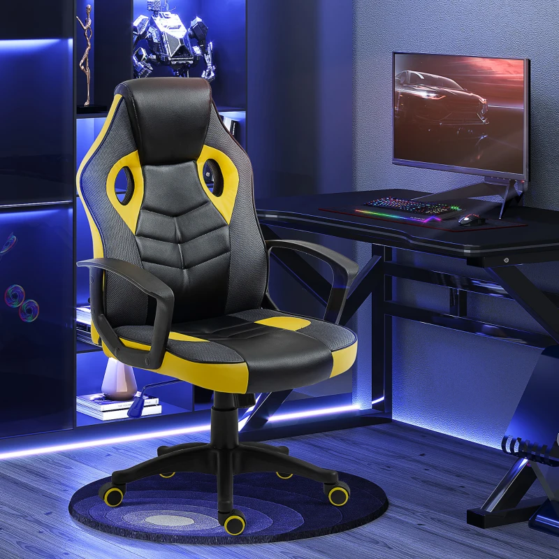 Vinsetto Sedia Gaming Ergonomica, Poltrona da Ufficio Girevole con Rotelle in Similpelle Nera e Gialla, Altezza Regolabile