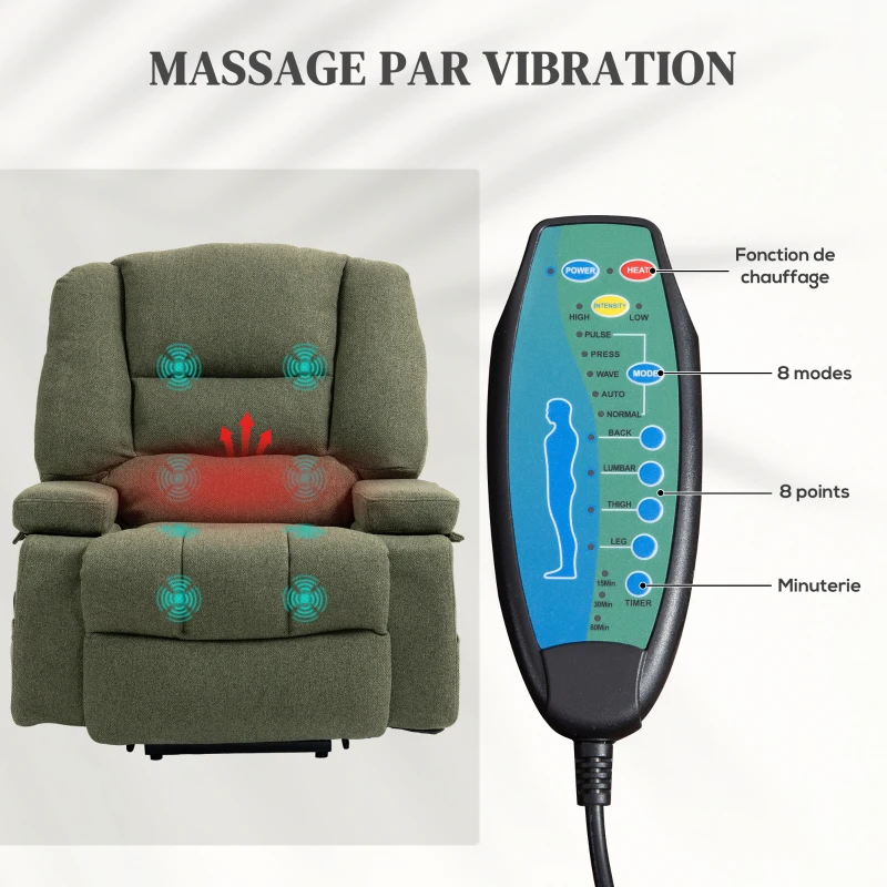 HOMCOM Fauteuil releveur relax électrique, fonction massage et chaleur, inclinaison réglable, repose-pied, télécommandes, vert(m-5)