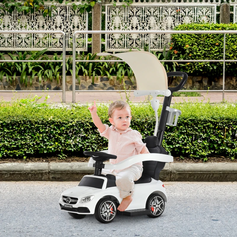 HOMCOM Compatible for 3 in 1 Ride on Push Car for Toddlers Pushcar Sliding Walking Car with Sun Canopy Horn Sound Safety Bar Cup Holder Toy for 1-3 Years Old Kids White