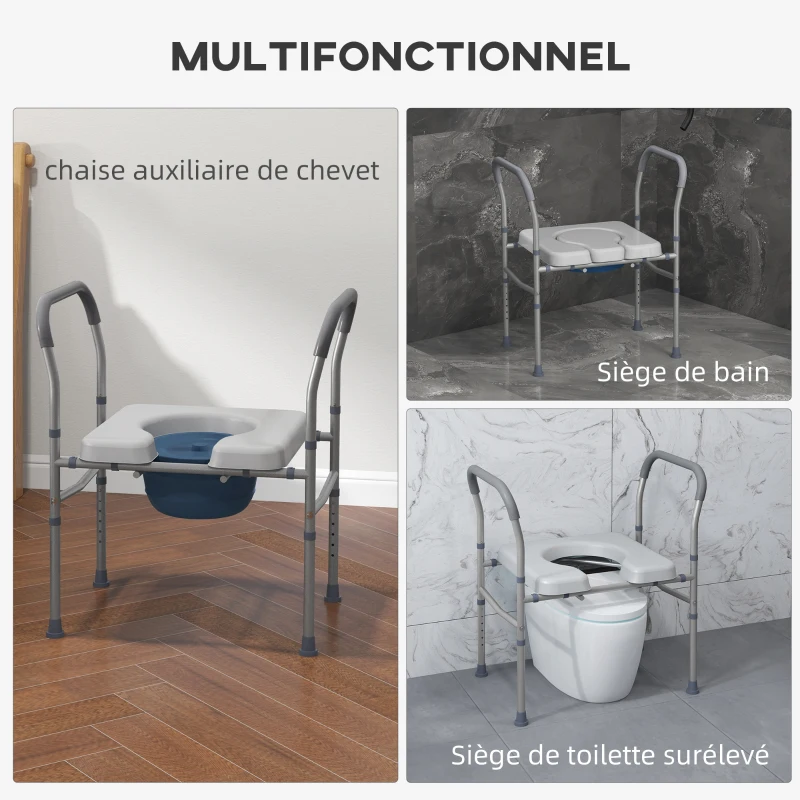 HOMCOM Siège de toilette percé multifonctionnel 4 en 1 avec hauteur réglable siège rembourré avec poignée gris