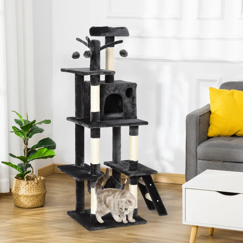 PawHut Árbol para Gatos Centro de Múltiples Actividades de Mascotas con Postes de Rascador Sisal Canasta Hamaca Hábitat Bolas Colgantes Habitación 49x49x155 cm Gris Oscuro