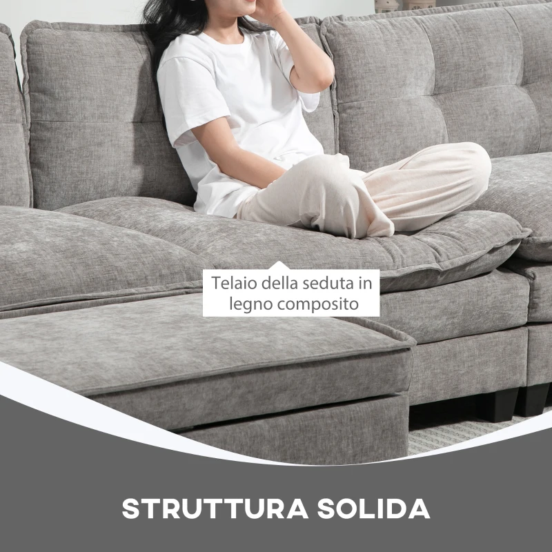HOMCOM Divano Angolare Modulare con Chaise Longue, Pouf Contenitore e Rivestimento in Ciniglia, Grigio