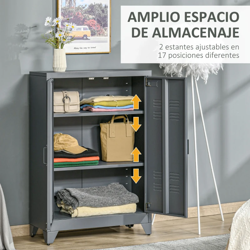 HOMCOM Armario Metálico con Doble Puerta y 2 Baldas Ajustables Mueble Multiusos para Oficina Salón Dormitorio 75x33x110cm Gris