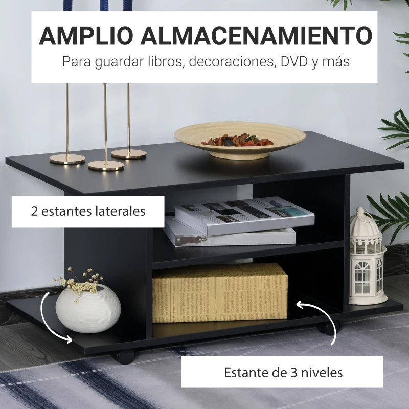 HOMCOM Mueble para Televisión Mesa para TV con Estantes y Ruedas con Bloqueo Superficie de Melamina 80x40x40 cm Negro