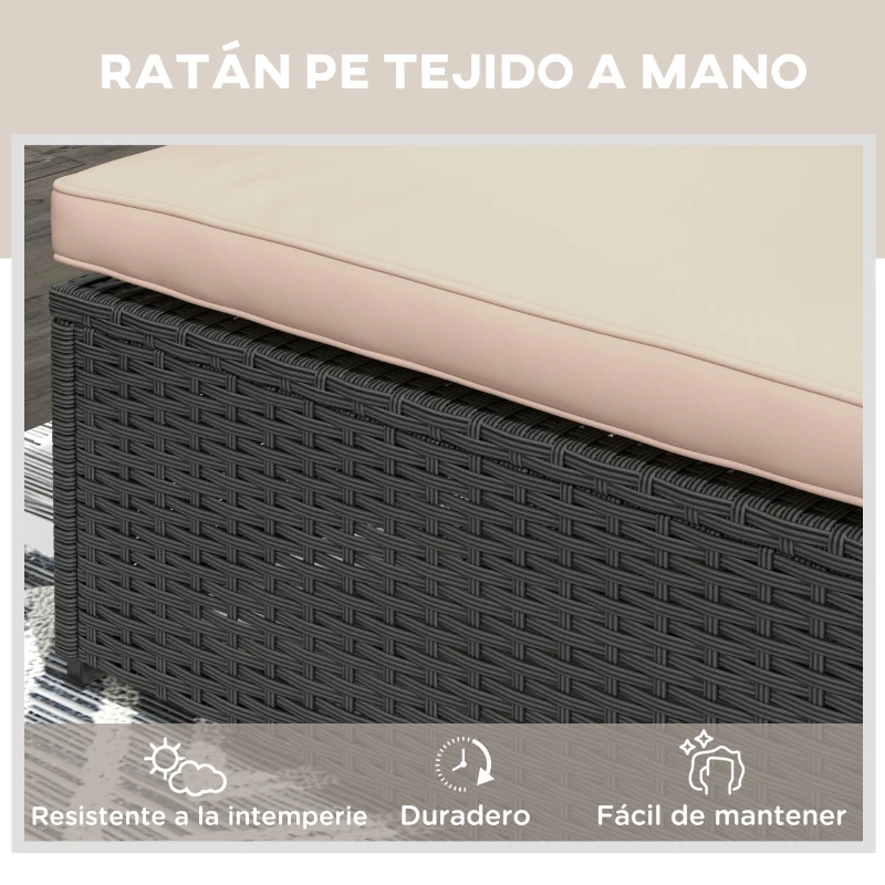 Outsunny Tumbona para Jardín de Ratán con Respaldo Ajustable en 5 Niveles Mesita y Cojín Carga 120 kg Negro y Beige