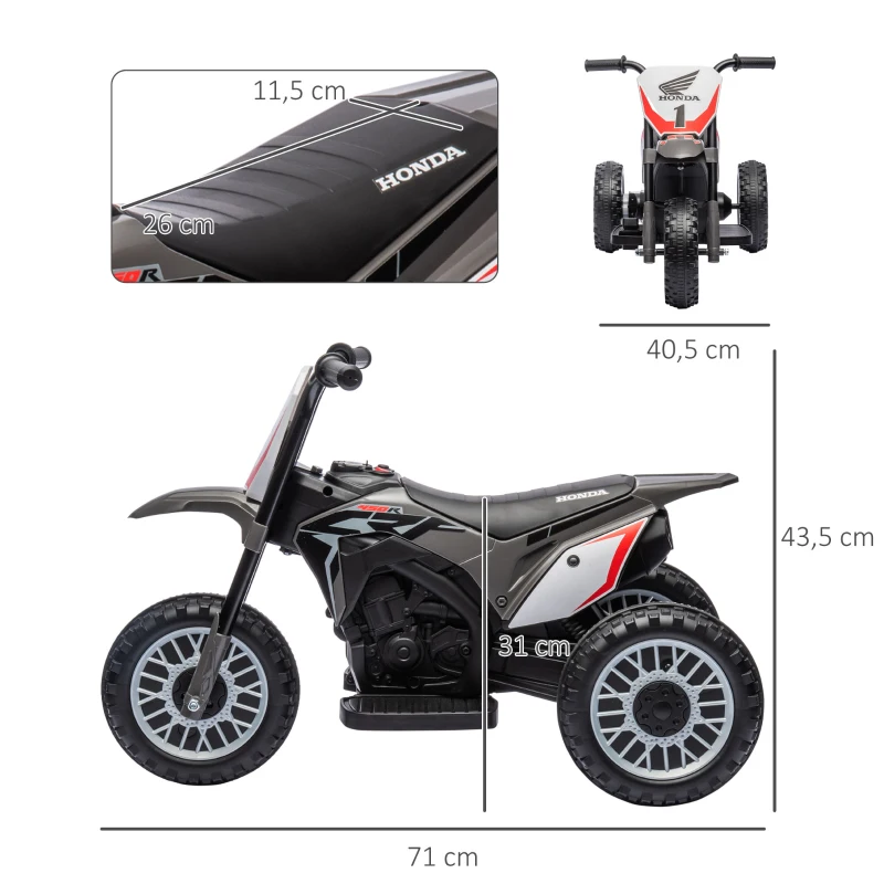 HOMCOM Moto Eléctrica Infantil con Licencia Honda CRF450RL con Velocidad 3 km/h Bocina Sonido de Arranque 71x40,5x43,5 cm Gris