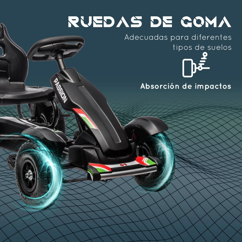 HOMCOM Go Kart a Pedales para Niños con Asiento Ajustable Neumáticos de Goma Freno de Mano Carga 50 kg 121x58x61 cm Negro