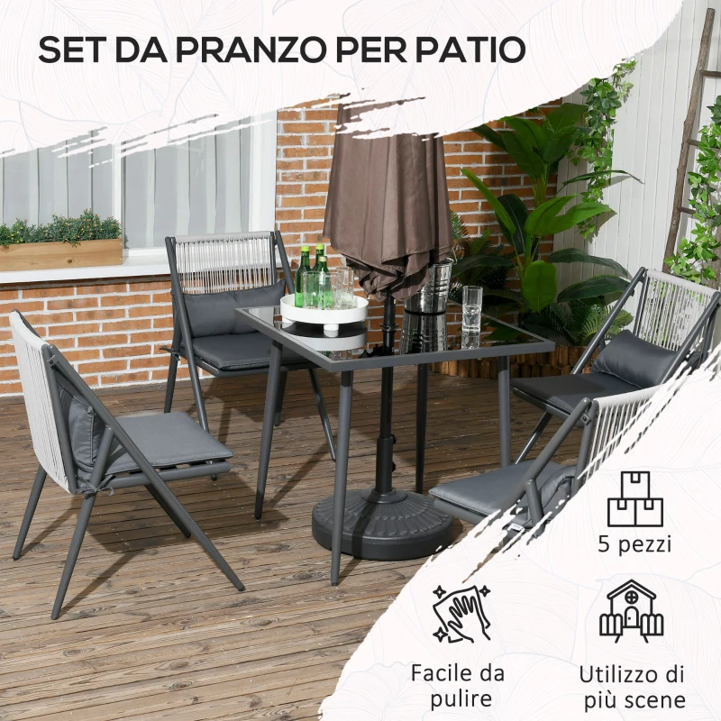 Outsunny Set da Giardino con 4 Sedie con Cuscini e Tavolo da Pranzo Quadrato in Vetro, Grigio Scuro