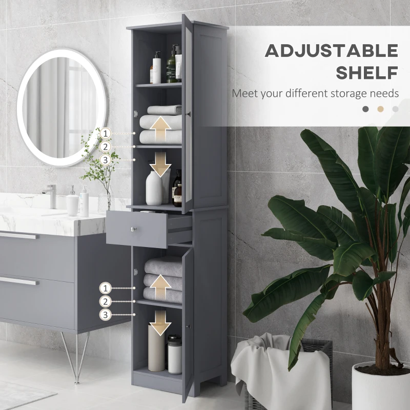 kleankin Bathroom Storage Cabinet with 3-tier Shelf Drawer Door, Floor Cabinet Free Standing Tall Slim Side Organizer Shelves, Grey