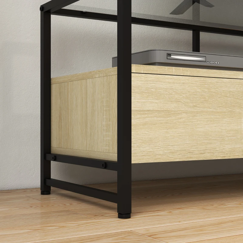 HOMCOM TV-Bank im Industriedesign, 3 Schränke, 3 offene Regale, Glasplatte, Natur + Schwarz