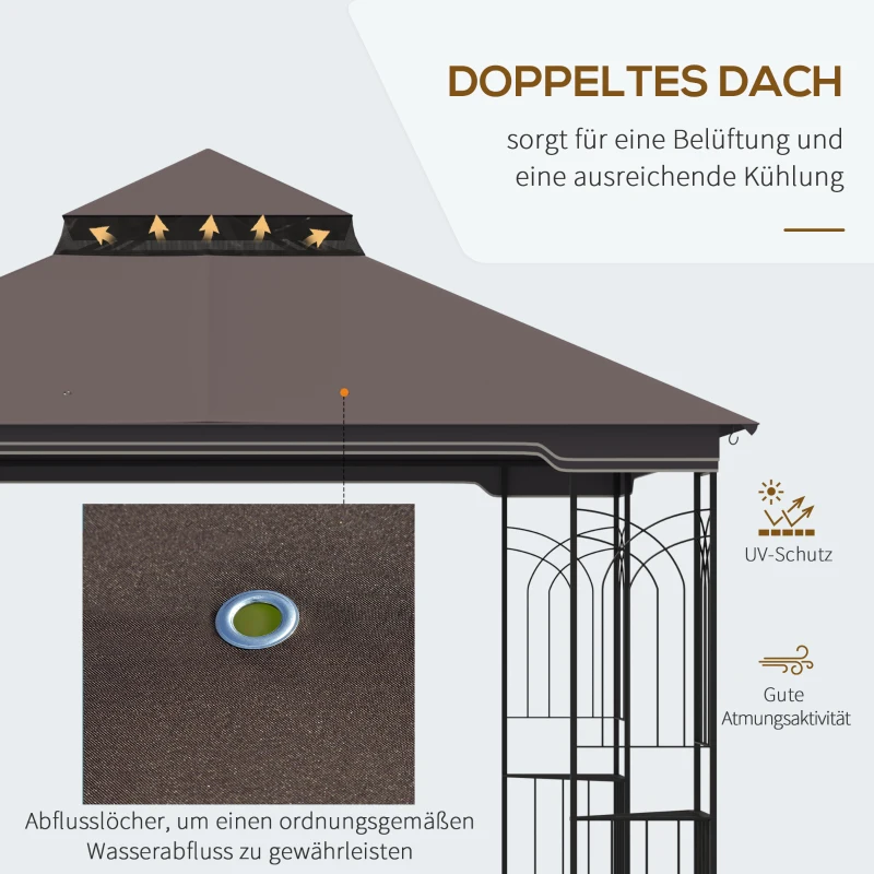 Outsunny Gartenpavillon mit Doppeldach Pavillon Gartenzelt Festzelt Partyzelt mit 4 x Seitenwand Metall+Polyester Kaffee 2,99 x 2,99 x 2,74 m