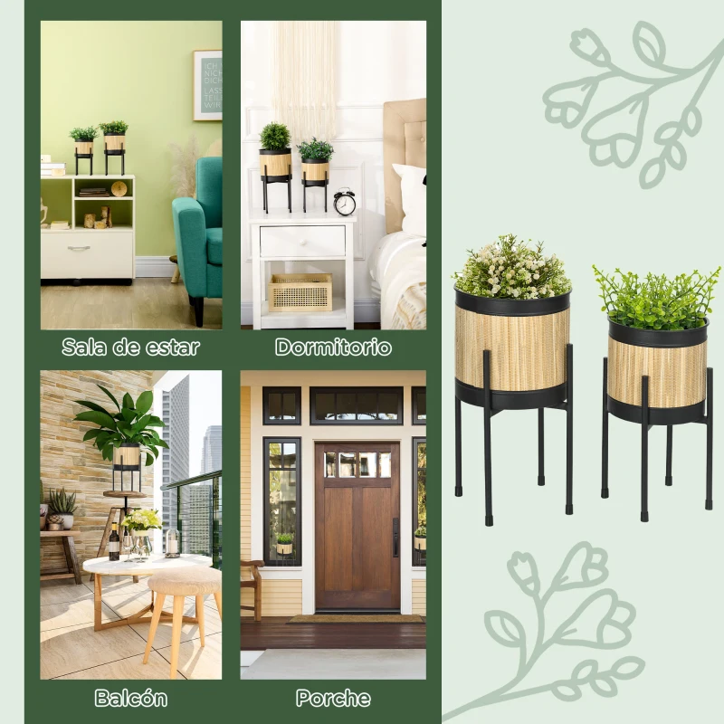 Outsunny Juego de 2 Soportes para Plantas de Metal Cubierta de Totora Maceteros para Salón Ø16x30 cm y Ø14x25,5 cm Negro