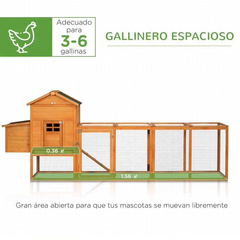 PawHut Gallinero de Madera Grande para 3-6 Gallinas con Techo Asfáltico Nido y Bandeja Extraíble 297,5x68x118 cm Natural(m-4)