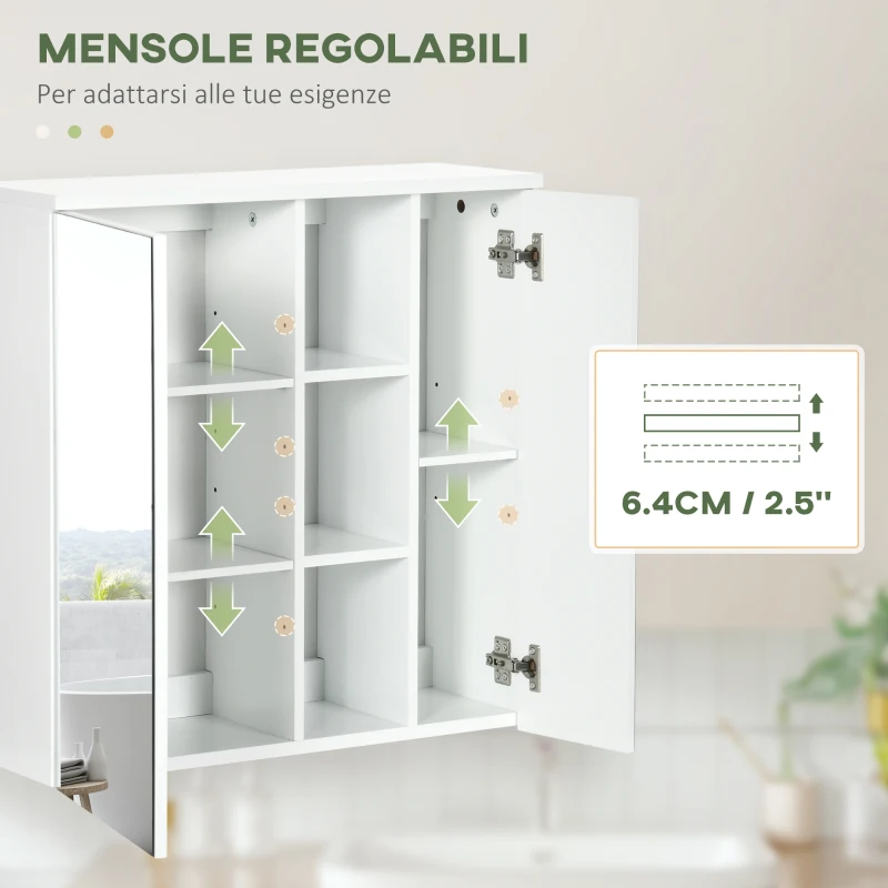 kleankin Armadietto Specchiera Bagno 2 Ante con Ripiani Aperti e Mensole Regolabili, 60x20x61cm, Bianco