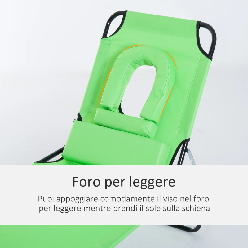 Outsunny Sdraio Pieghevole con Foro per Lettura e Cuscino, Reclinabile su 4 Livelli, in Tessuto Oxford e Struttura in Acciaio, Verde