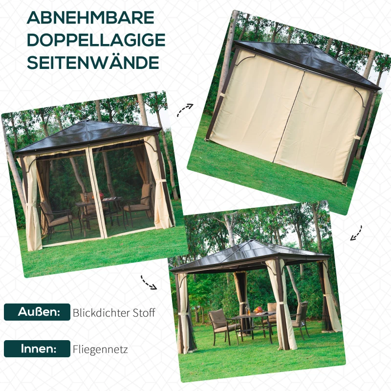 Outsunny Pavillon mit Polycarbonatdach, Vorhänge mit Fliegennetz, Alugestell, braun+beige, 3 x 3 x 2,6 m